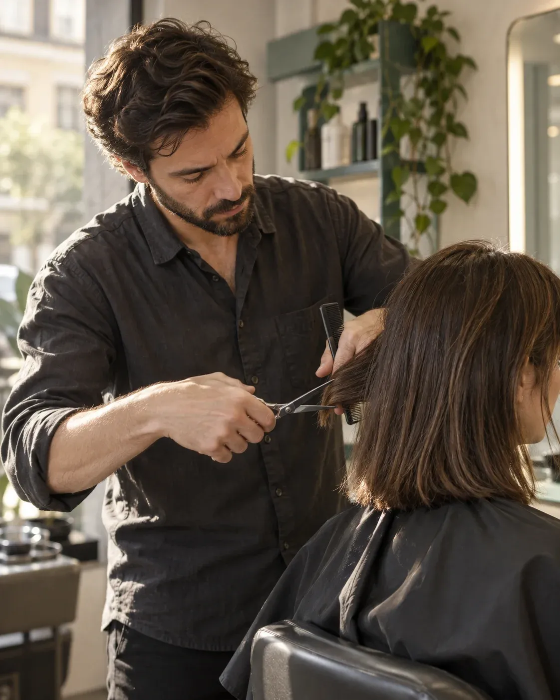 Scène générée : un coiffeur réalise une coupe en salon.