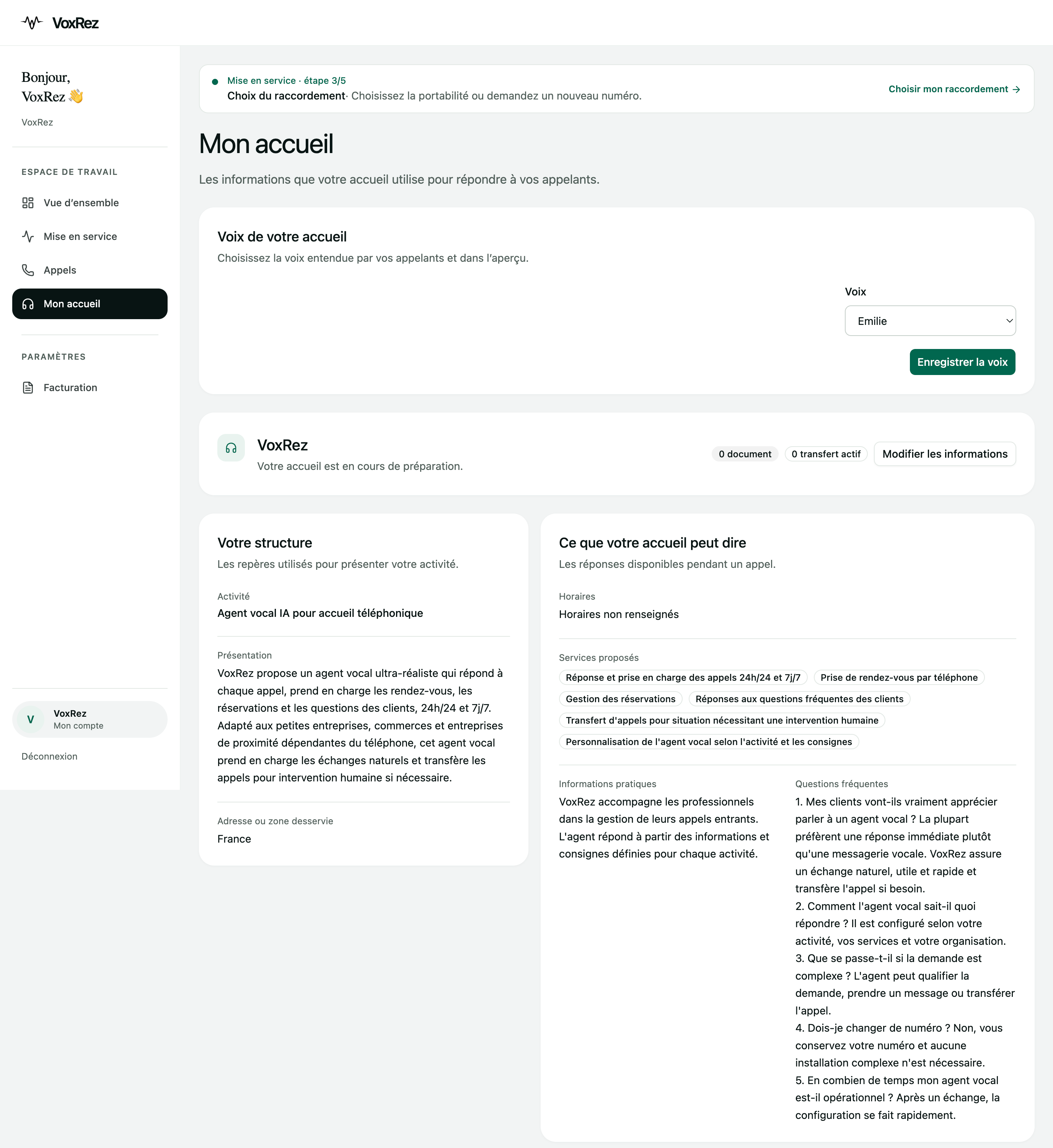 Espace client VoxRez : informations de l'activité et réponses préparées pour l'agent vocal